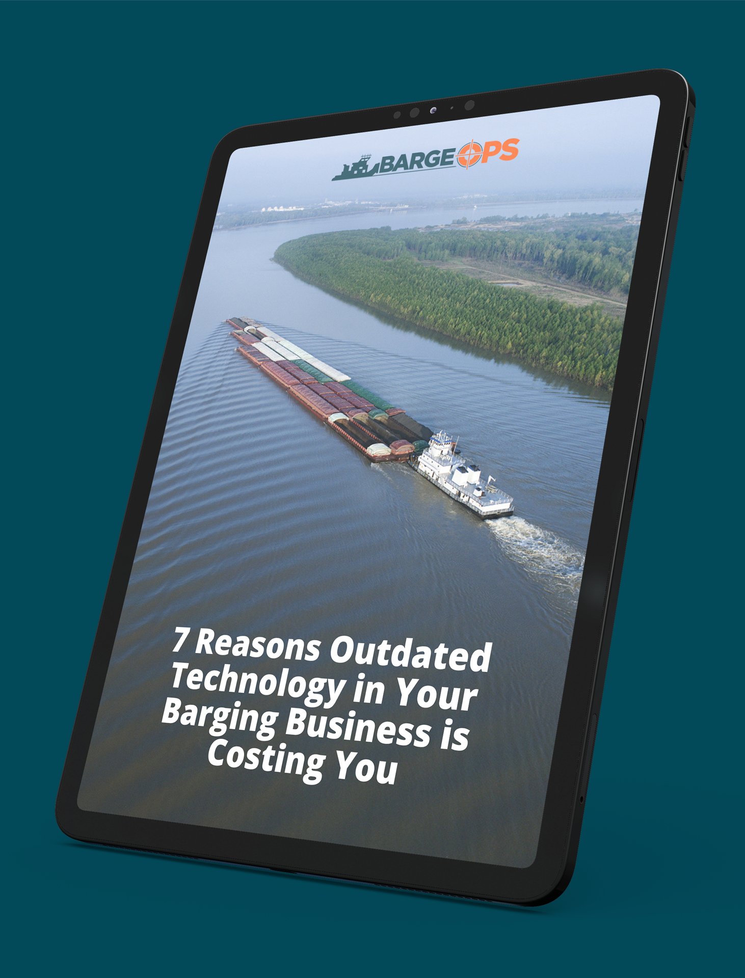 tablet with downloaded ebook from BargeOps 7 Reasons Outdated Technology in Your Barging Business is Costing You